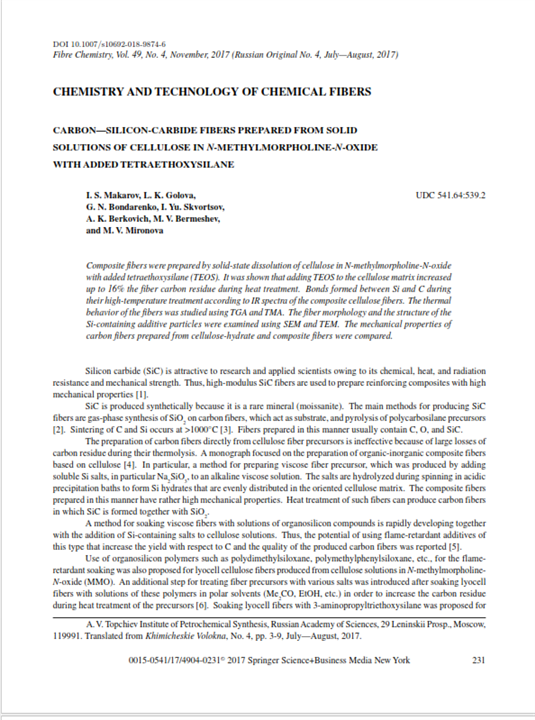 CARBON—SILICON-CARBIDE FIBERS PREPARED FROM SOLID SOLUTIONS OF CELLULOSE IN N-METHYLMORPHOLINE-N-OXIDE WITH ADDED TETRAETHOXYSILANE